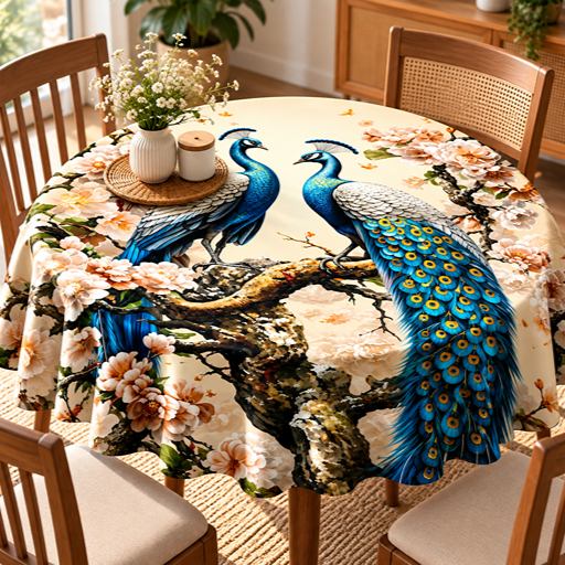 Round Table cover  design two peacocks image 2