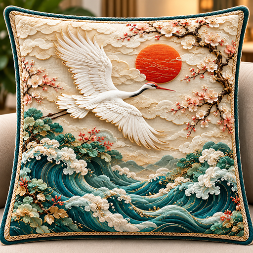 cusion cover design flying red crowned crane image 2