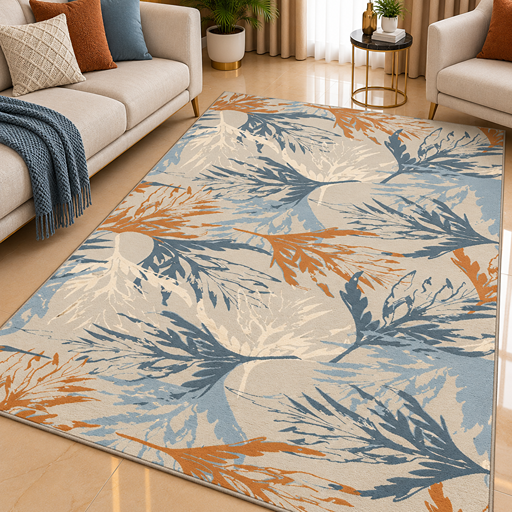 7D carpet - abstract seaweed layered in cool blue and orange