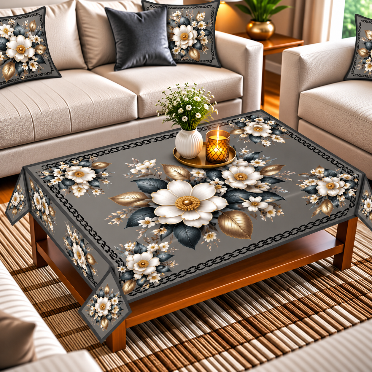 Table cover design white rose at center