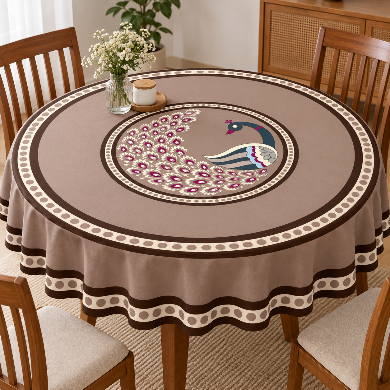 Round Table cover  design peacock motif